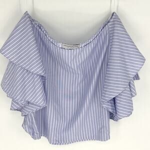 Child of the Universe Off the Shoulder Ruffle Sleeve Blue and White Stripe Top M